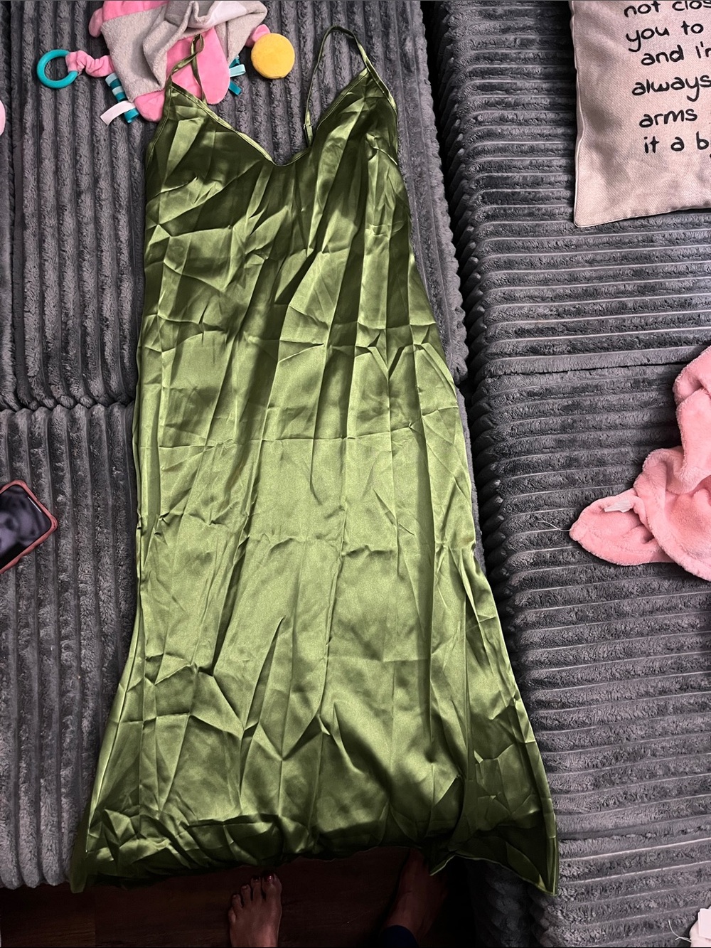 Olive Green Satin Slip Dress - Women's Elegant V-Neck Camisole Dress